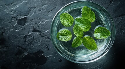 Obraz premium Refreshing Mint Leaves in Water on Dark Slate Surface for Culinary and Beverage Inspiration