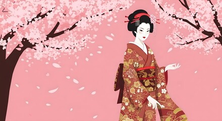 Vector illustration of an elegant Japanese woman, possibly a geisha or maiko, in a traditional kimono under blooming cherry blossom trees. Serene and beautiful depiction of Japanese culture.