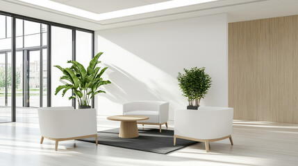 Modern and stylish interior featuring white armchairs, round wooden table, and indoor plants, creating serene atmosphere