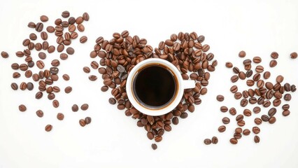 Naklejka premium Kaffeebohnen in Herzform mit weißer Tasse in der Mitte – stilvolles Bild für Kaffee-Liebhaber und Designprojekte.
