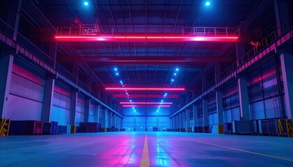 Obraz premium Neon Lights Illuminate Industrial Warehouse with Modern Effect