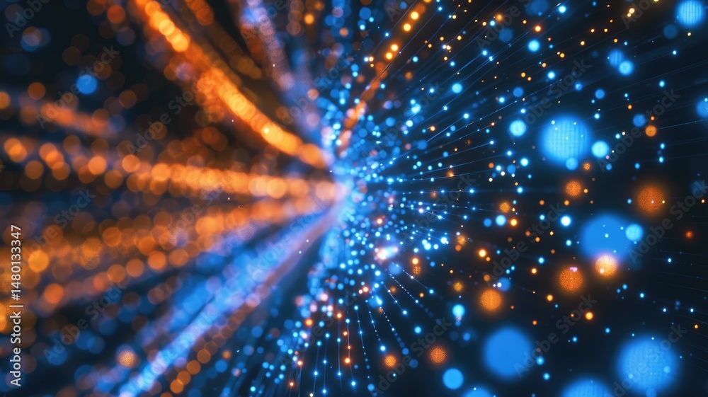 Poster Abstract picture of digital particle with digital technology style design connecting become dynamic of electric wave movement represent about flowing of data or structure of network system. AIG53.