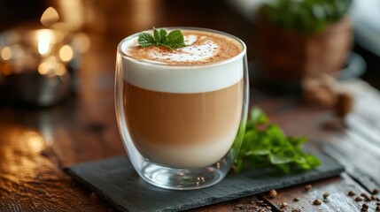 Creamy Coffee in Glass with Mint Leaf on Wooden Table, Artful Presentation in Cozy Café Setting