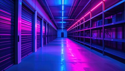 Fototapeta premium Neon Lights Illuminate an Empty Storage Facility with Colorful Glow