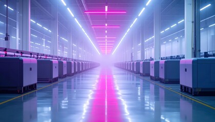Fototapeta premium Futuristic Factory Interior with Neon Lights and Reflective Floor