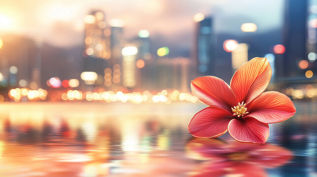 Close-up of a red bauhinia brooch on silk, golden light on petals, festive city backdrop - celebrating Hong Kong's establishment day with elegance.
