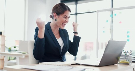 Excited woman, laptop and winning with celebration for good news, promotion or bonus at office. Happy, female person or business employee with computer, smile or surprise for achievement at workplace