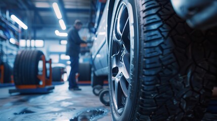 A car gets inspected by a technician in a auto repair centre and new tires are stacked on the shelf beside, Generative AI.