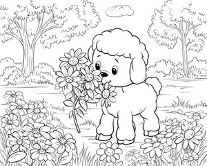 Cute lamb smelling flowers in a garden