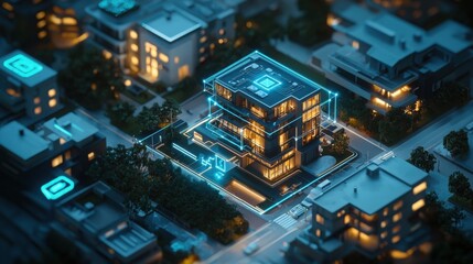 Futuristic Smart House in Urban Neighborhood at Night with Lights