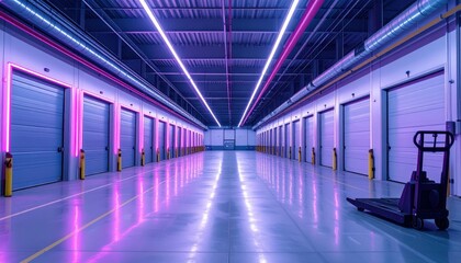 Fototapeta premium Neon Warehouse Interior with Vibrant Lighting and Modern Design