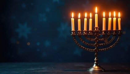 A brightly lit menorah with burning candles on a dark background , december, candles, golden
