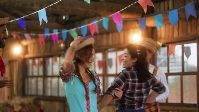 Festive Spirits High as Couples Swing in Sync at Festa Junina. Traditional Garb and Lively Steps Illuminate the Rustic Dance Hall with Brazilian Flair