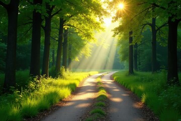 Fototapeta premium A crossroads with three diverging paths, sunlight dappling the leaves , road, future