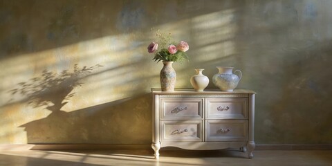 Sunlight streams through a window casting long shadows on a textured wall, illuminating a vase of pink flowers resting on a delicate white dresser with ornate drawers.