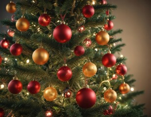 Vibrant baubles adorn a Christmas tree, encircled by soft, glowing lights ,  joy,  magic