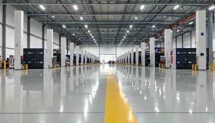 Bright and Spacious Industrial Warehouse Interior with Clean Floors