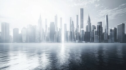 Fototapeta premium Urban skyline at sunrise with reflections on calm water surface