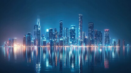 Fototapeta premium Stunning Nighttime Cityscape Reflection Over Calm Water Surface