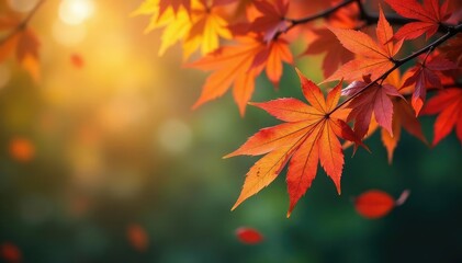 Autumn leaves falling from a tree branch, colorful foliage , sunlight, brown, macro