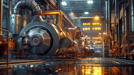 Industrial Interior View of Modern Factory with Machinery and Pipes