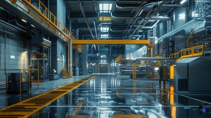 Modern Industrial Warehouse with Advanced Machinery and Lighting