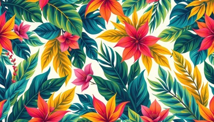 vivid tropical seamless pattern with stylized foliage and sunlight glow perfect for travel gear design and island resort branding