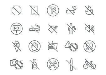 Editable vector icon set in line style on the theme of bans and safety. Includes icons such as stop signs, mobile phone bans, smoking, and fire. Icons are ready for use.