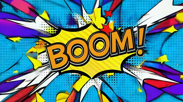 Pop art retro BOOM comic exposion style animation of cartoon text sign - Powered by Adobe