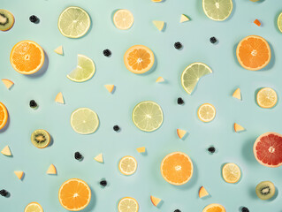 Colorful citrus and fruit slices scattered on aqua blue background