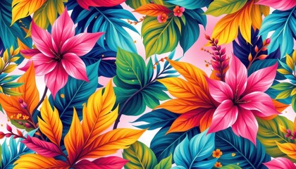 bright tropical seamless pattern with dynamic foliage movement and vibrant lighting designed for beachwear advertising and summer campaigns