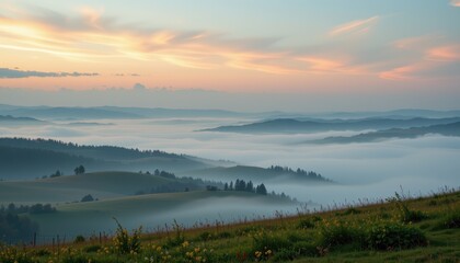 Obraz premium a foggy dreamscape landscape unfolds with soft pastel skies rolling hills and floating orbs of light casting a gentle glow ideal for ethereal travel backgrounds and mystical wellness branding