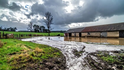 Fototapeta premium Flooded Farm Landscape with Stormy Sky and Muddy Ground