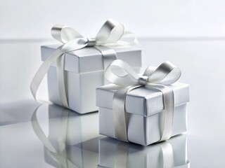 Obraz premium Minimalist White Gift Boxes with Shiny Ribbon on White Background - Elegant Holiday or Birthday Present
