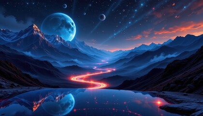 surreal dreamscape night scene with luminescent mountains glowing river and distant planets in view reflecting on a glasslike surface designed for futuristic editorial spreads and creative marketing v