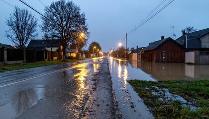 Calm Street Scene After Heavy Rain with Water Reflection at Dusk