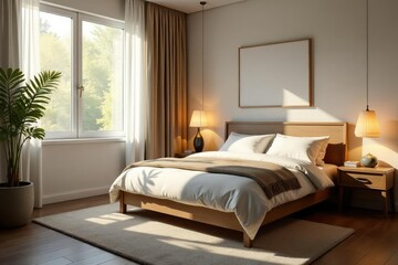 Cozy bedroom, soft lighting, inviting atmosphere, bed, soft