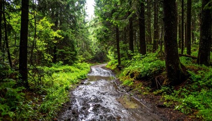 Fototapeta premium Muddy Hiking Trail Surrounded by Lush Green Trees and Foliage