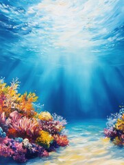 Naklejka premium Underwater Coral Reef Scene Oil Painting of Ocean Floor with Sunlight Beams and Colorful Corals in Tropical Sea