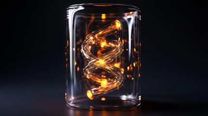 Glowing spiral filament in glass cylinder abstract background 3d art dark light shiny style orange
