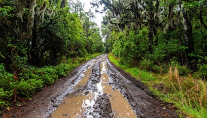 Obraz premium Muddy Trail Surrounded by Lush Greenery and Trees in Nature Scene