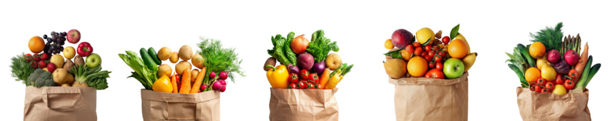 Set of fresh fruits and vegetables in brown grocery paper bags from top view isolated on transparent background © TANATPON