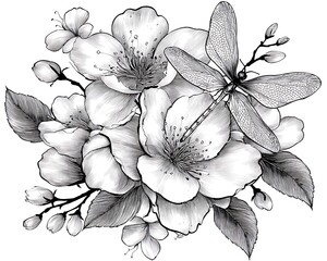 Detailed grayscale floral arrangement with a dragonfly