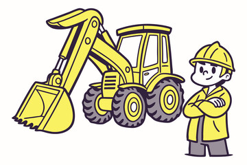 Smiling child engineer stands beside a cartoon excavator.