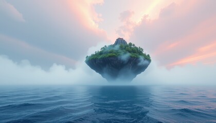 misty dreamlike landscape of a floating island hovering above a serene ocean with pastel tones and soft light offering a tranquil scene for fantasy themed marketing and editorial use