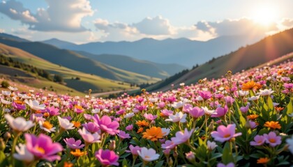 Fototapeta premium fantasy dreamlike valley filled with blooming pastel flowers under a glowing sky with soft light creating a peaceful environment for wellness retreats and botanical product promotions