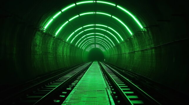Green neon lights illuminate dark train tunnel tracks path metro lines night image photo subway