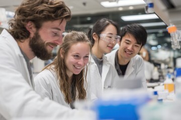 Fototapeta premium Enthusiastic diverse research team analyzes experiment results, working in a bright, modern laboratory wearing lab coats.