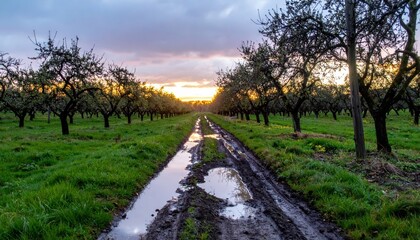 Serene Country Road Through Orchard at Sunset After Rainfall