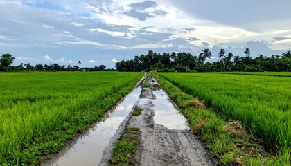 Fototapeta premium Serene Rice Field Pathway with Water Reflection under Cloudy Sky